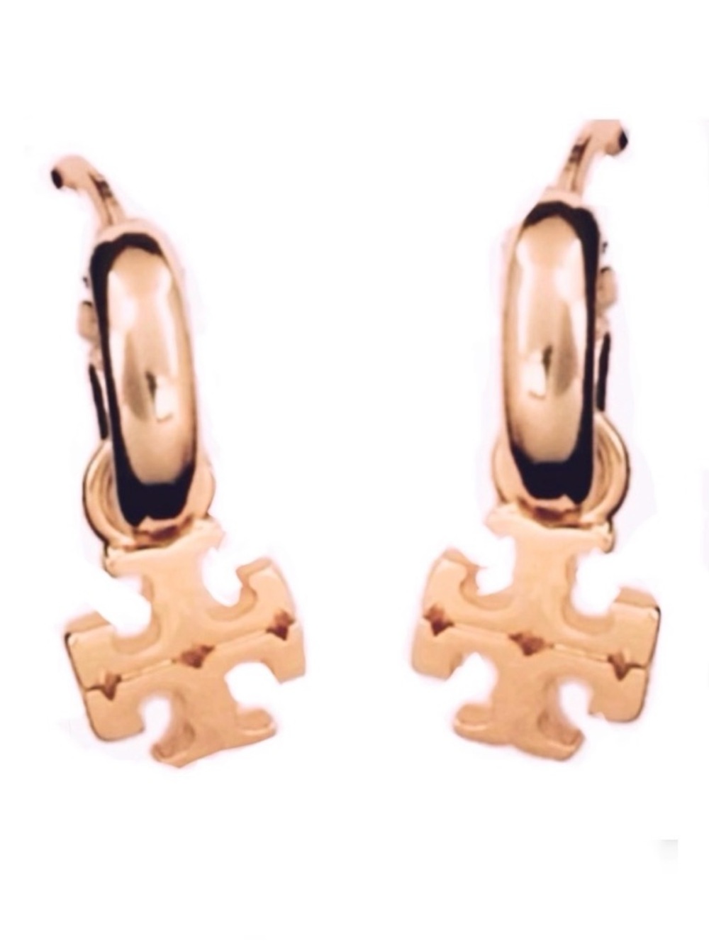 TORY BURCH ROSE GOLD KIRA LOGO HUGGIE HOOP EARRINGS